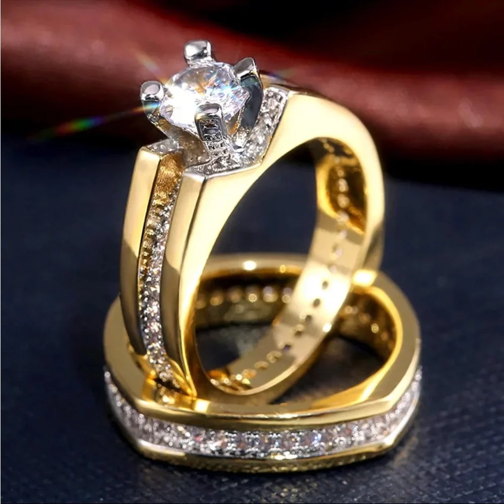 New Yellow Gold Plated Round Diamond 2Pcs Set Engagement Party Rings - Picture 2 of 5